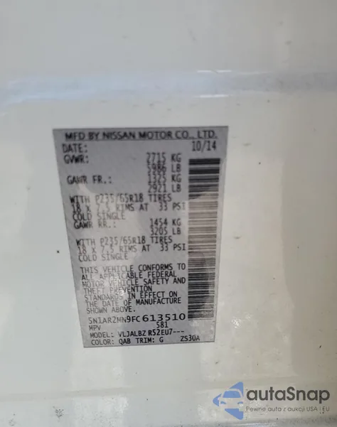 2015 Nissan Pathfinder S z USA, uszkodzony, nr VIN 5N1AR2MN9FC613510